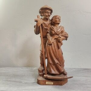 Vintage Hand Carved Wood Couple Farmer Farmerette Peasant Hobo Folk Art Cottage